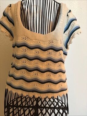 Jessica Simpson Cream Knit Short Sleeve Sweater Top with Blue Stripes